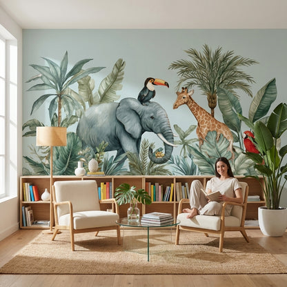 Safari Hayvanlı Poster Duvar Kağıdı Yeşil Çocuk Odası