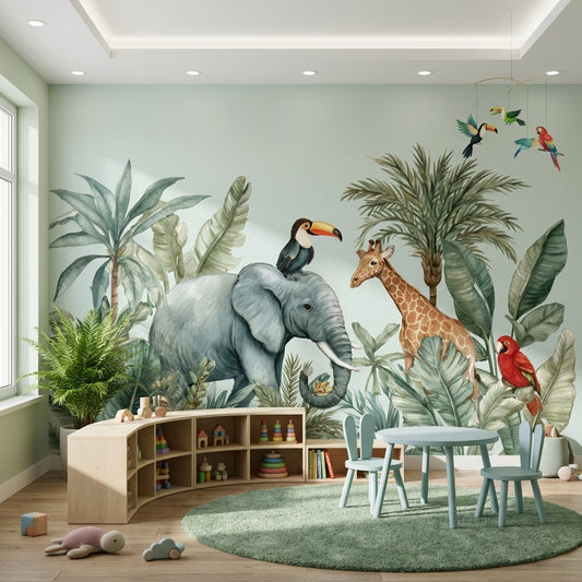 Safari Hayvanlı Poster Duvar Kağıdı Yeşil Çocuk Odası