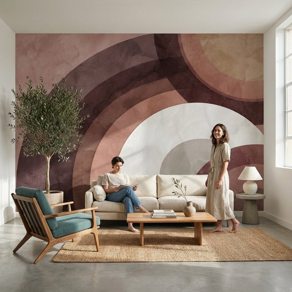 Soyut Kemer Desenli Poster Duvar Kağıdı Bordo Bej Salon