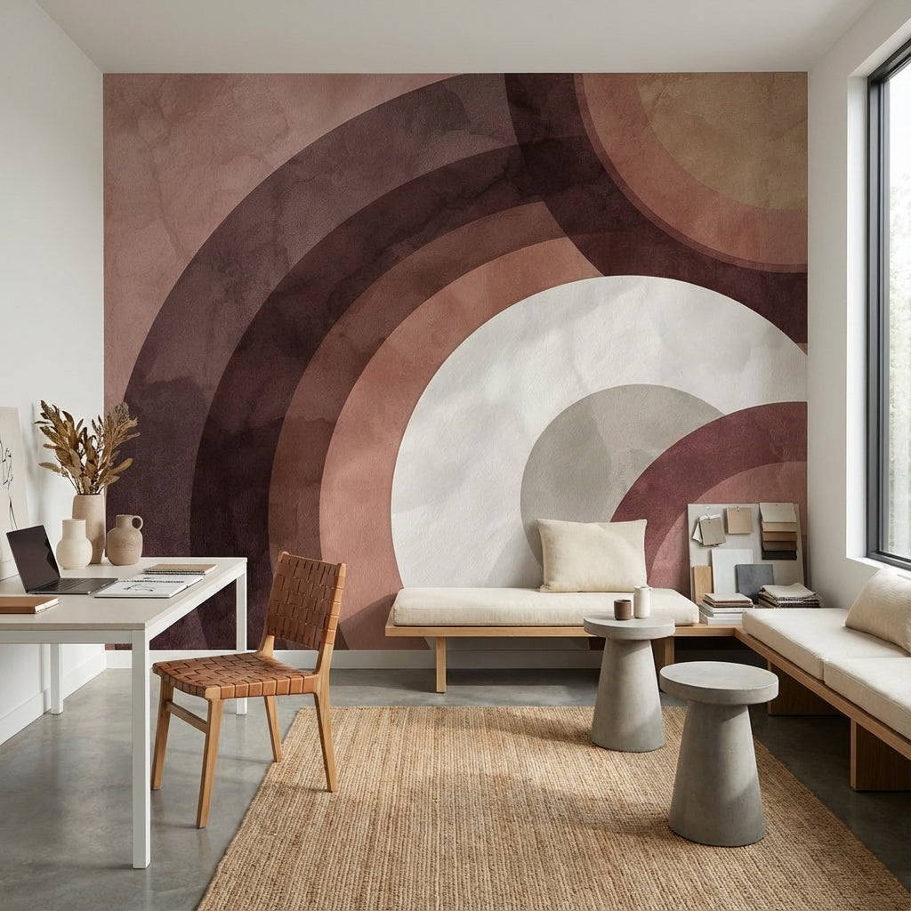 Soyut Kemer Desenli Poster Duvar Kağıdı Bordo Bej Salon