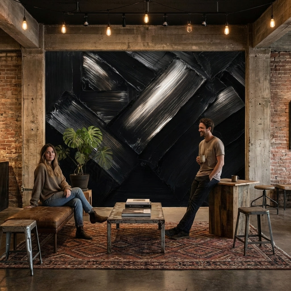 Siyah Soyut Fırça Darbeli Poster Duvar Kağıdı Modern Salon