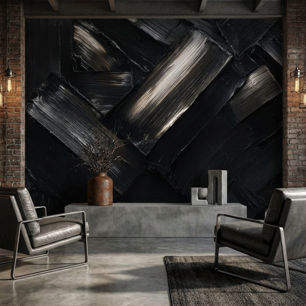 Siyah Soyut Fırça Darbeli Poster Duvar Kağıdı Modern Salon
