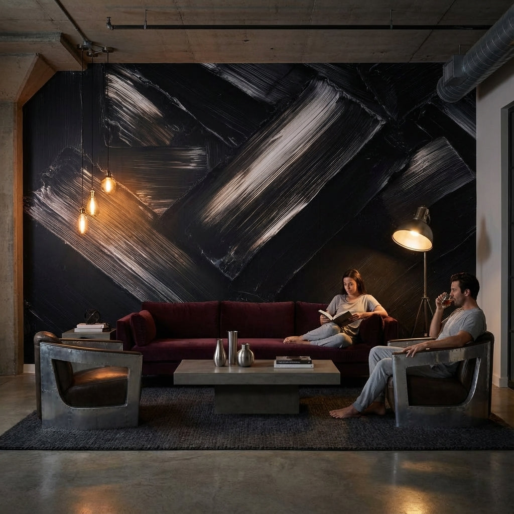 Siyah Soyut Fırça Darbeli Poster Duvar Kağıdı Modern Salon