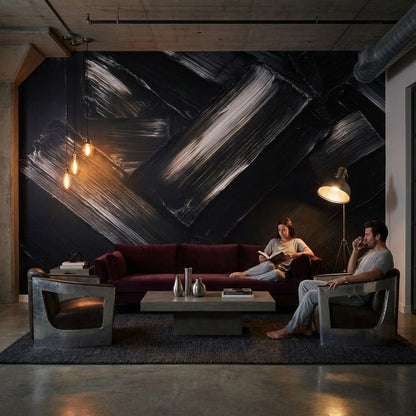Siyah Soyut Fırça Darbeli Poster Duvar Kağıdı Modern Salon