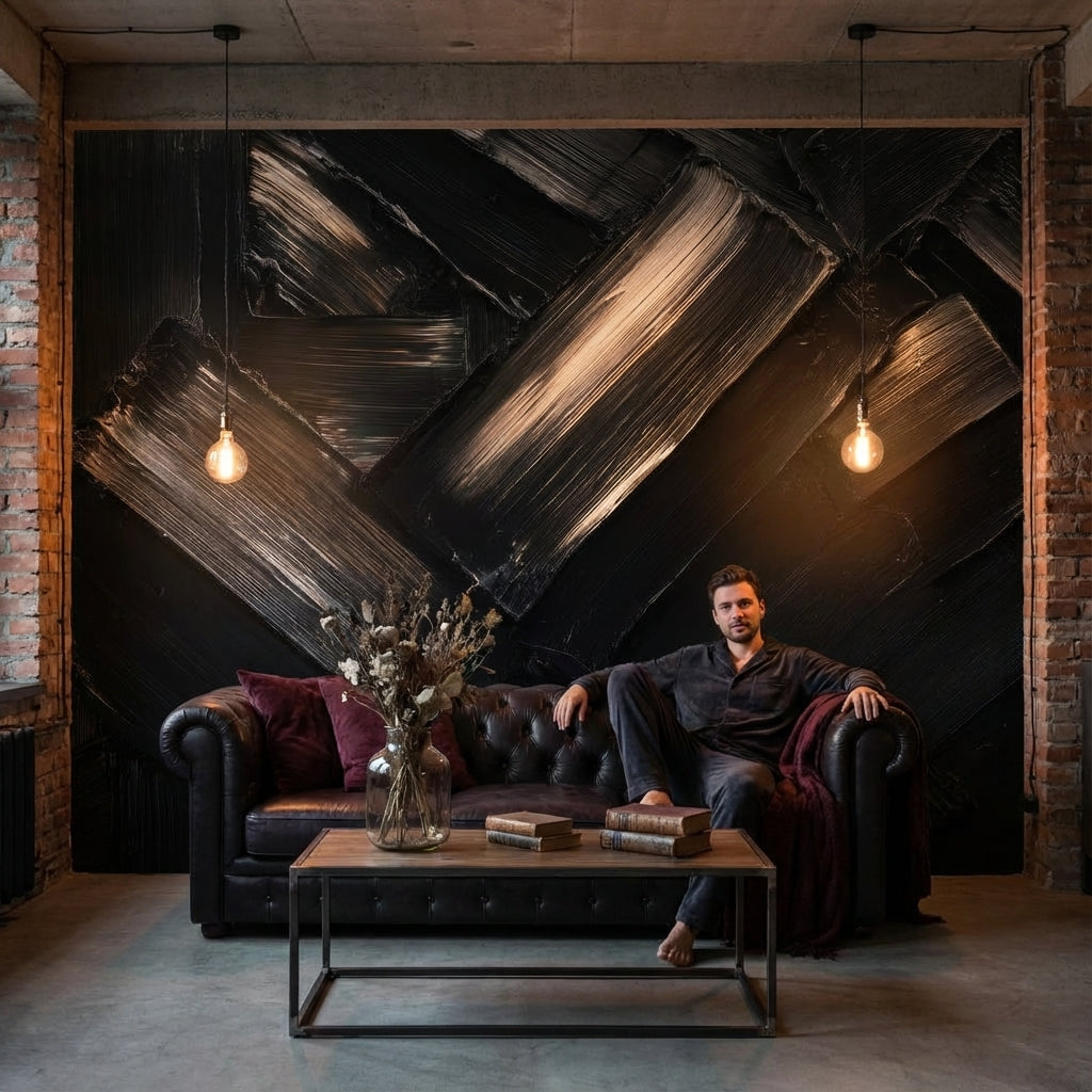 Siyah Soyut Fırça Darbeli Poster Duvar Kağıdı Modern Salon