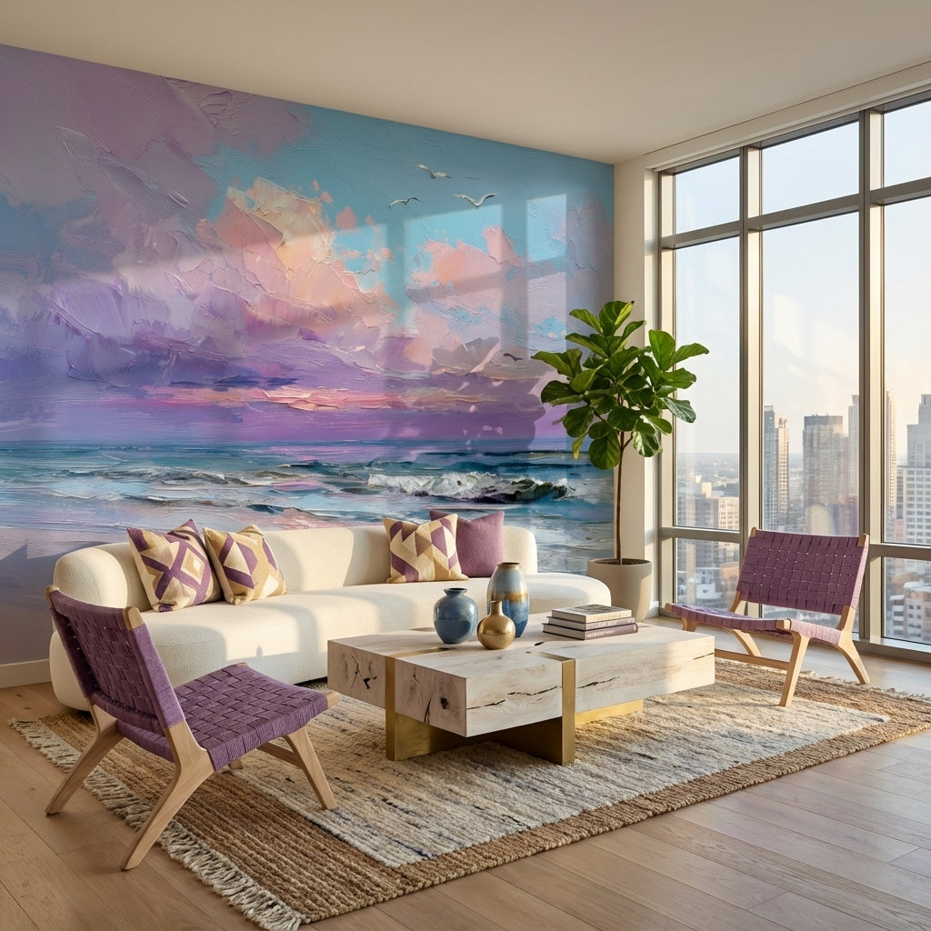 Mor Bulutlu Deniz Manzarası Poster Duvar Kağıdı Salon