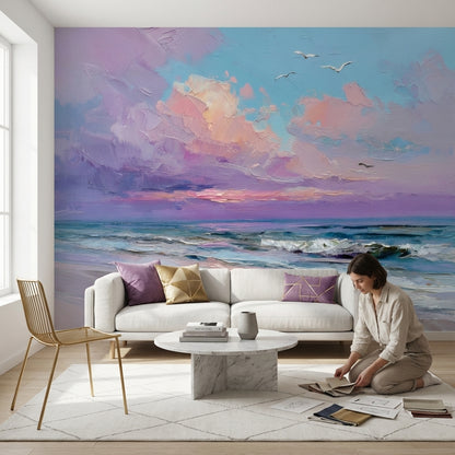 Mor Bulutlu Deniz Manzarası Poster Duvar Kağıdı Salon