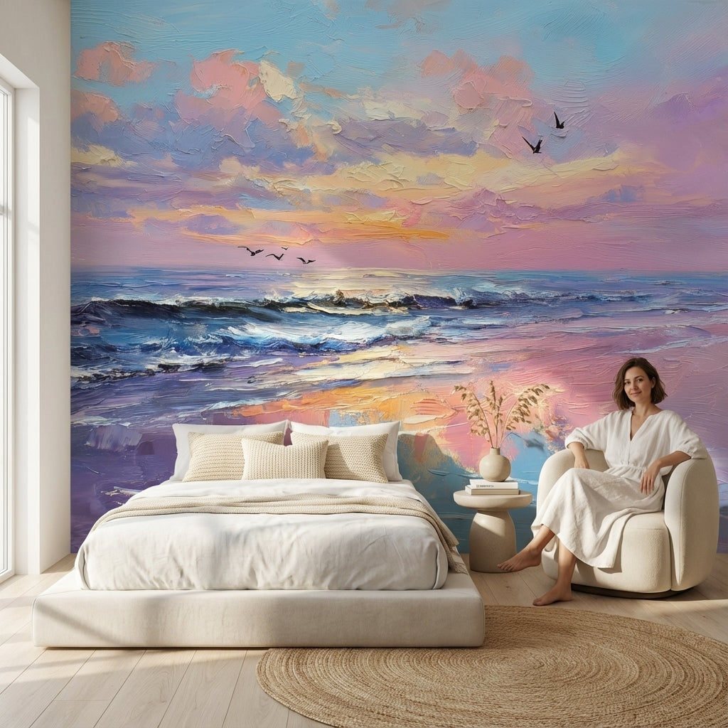 Gün Batımı Deniz Manzaralı Poster Duvar Kağıdı Mor Mavi