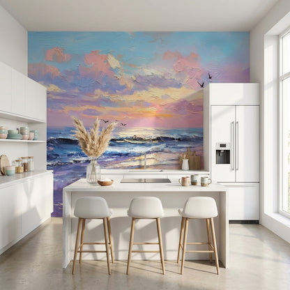Gün Batımı Deniz Manzaralı Poster Duvar Kağıdı Mor Mavi