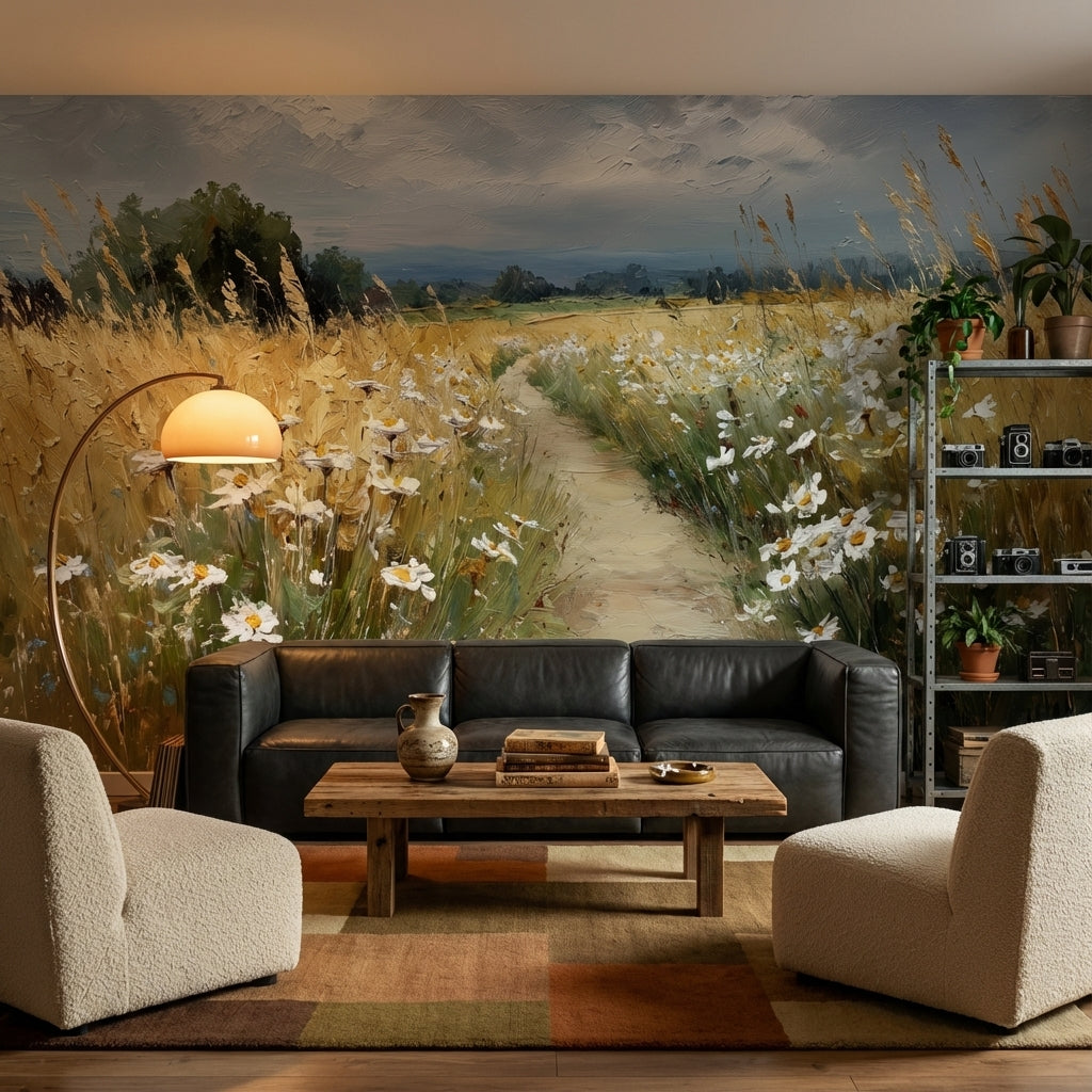 Kır Çiçekli Poster Duvar Kağıdı Bej Yeşil Manzara Salon