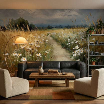 Kır Çiçekli Poster Duvar Kağıdı Bej Yeşil Manzara Salon