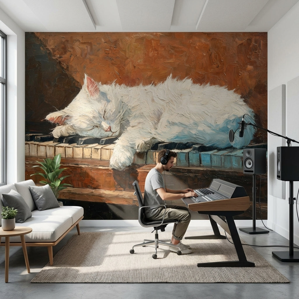 Uyuyan Beyaz Kedi Poster Duvar Kağıdı Kahverengi Sanatsal Stil