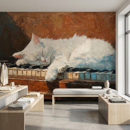 Uyuyan Beyaz Kedi Poster Duvar Kağıdı Kahverengi Sanatsal Stil