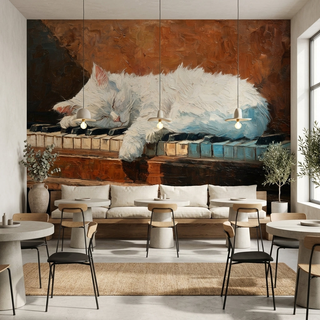 Uyuyan Beyaz Kedi Poster Duvar Kağıdı Kahverengi Sanatsal Stil