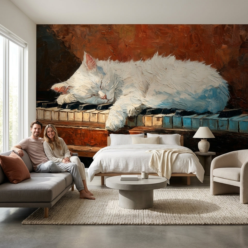 Uyuyan Beyaz Kedi Poster Duvar Kağıdı Kahverengi Sanatsal Stil