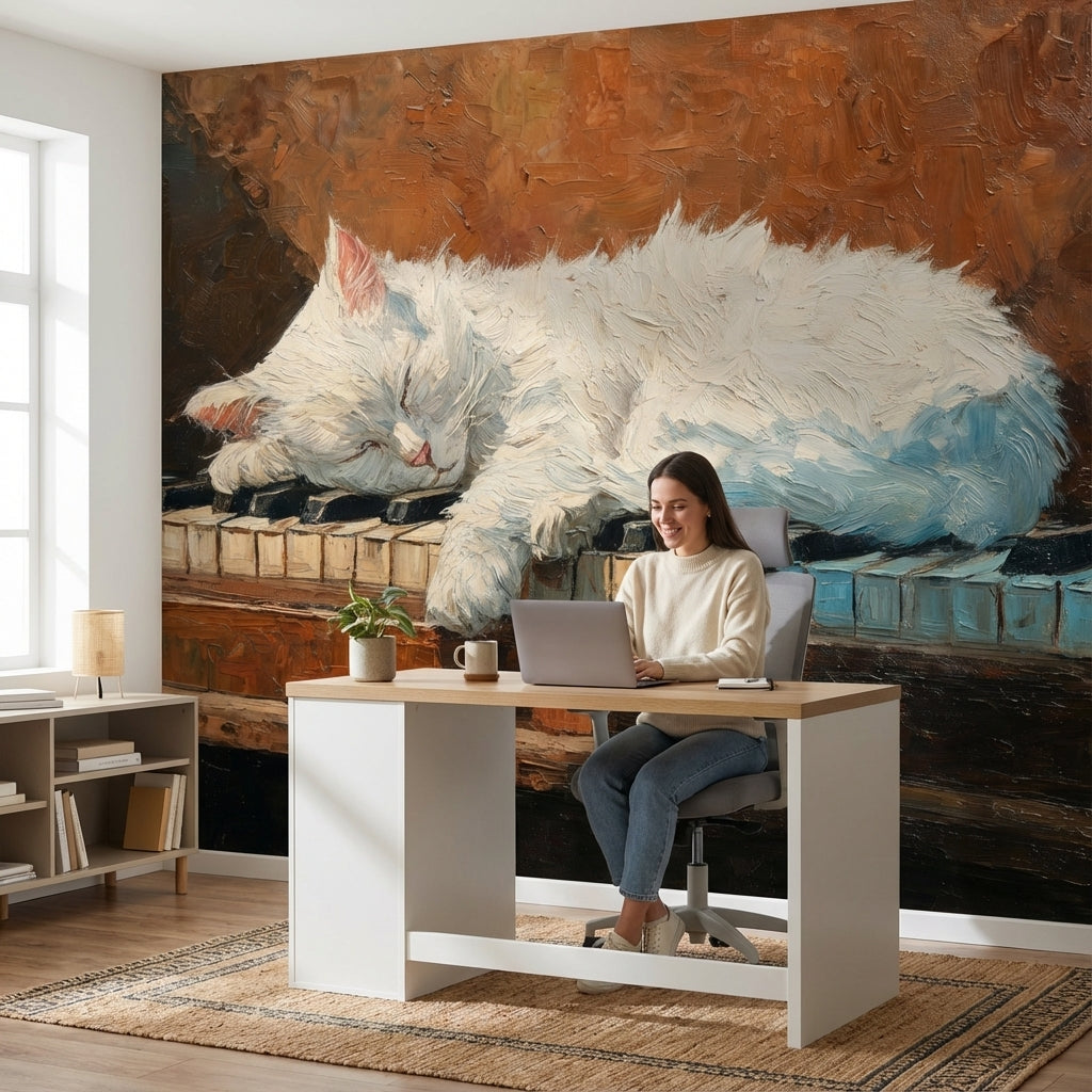 Uyuyan Beyaz Kedi Poster Duvar Kağıdı Kahverengi Sanatsal Stil