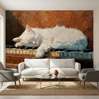 Uyuyan Beyaz Kedi Poster Duvar Kağıdı Kahverengi Sanatsal Stil