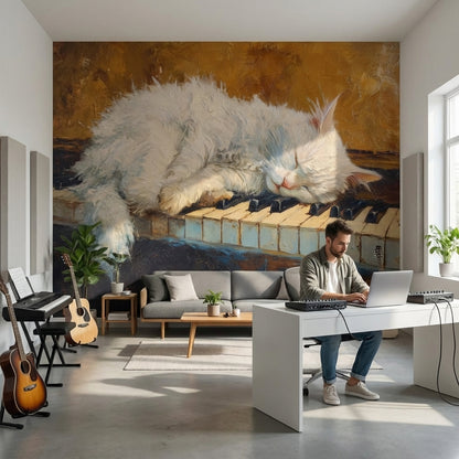 Piyano Tuşlarında Uyuyan Kedi Poster Duvar Kağıdı Salon