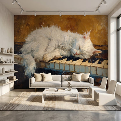 Piyano Tuşlarında Uyuyan Kedi Poster Duvar Kağıdı Salon