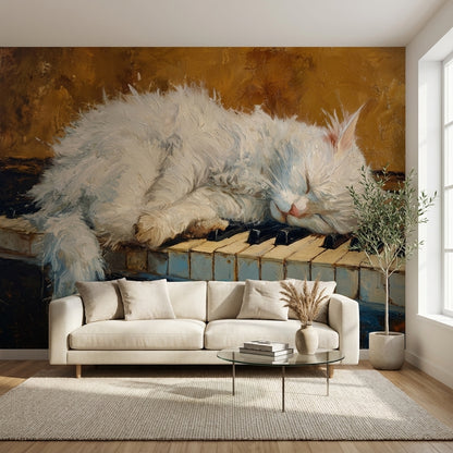 Piyano Tuşlarında Uyuyan Kedi Poster Duvar Kağıdı Salon