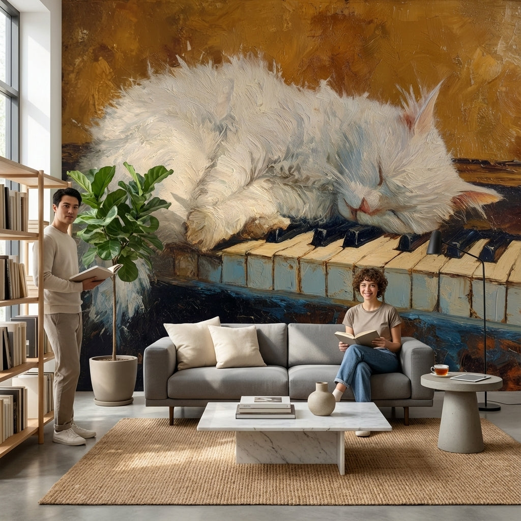 Piyano Tuşlarında Uyuyan Kedi Poster Duvar Kağıdı Salon
