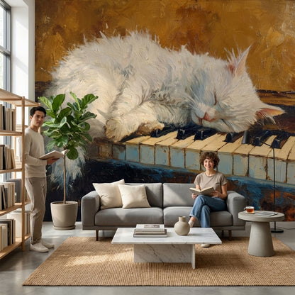 Piyano Tuşlarında Uyuyan Kedi Poster Duvar Kağıdı Salon