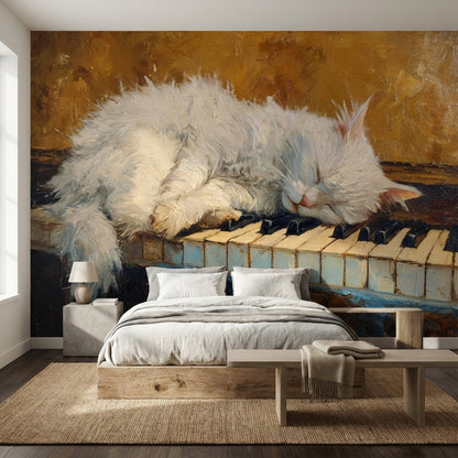 Piyano Tuşlarında Uyuyan Kedi Poster Duvar Kağıdı Salon