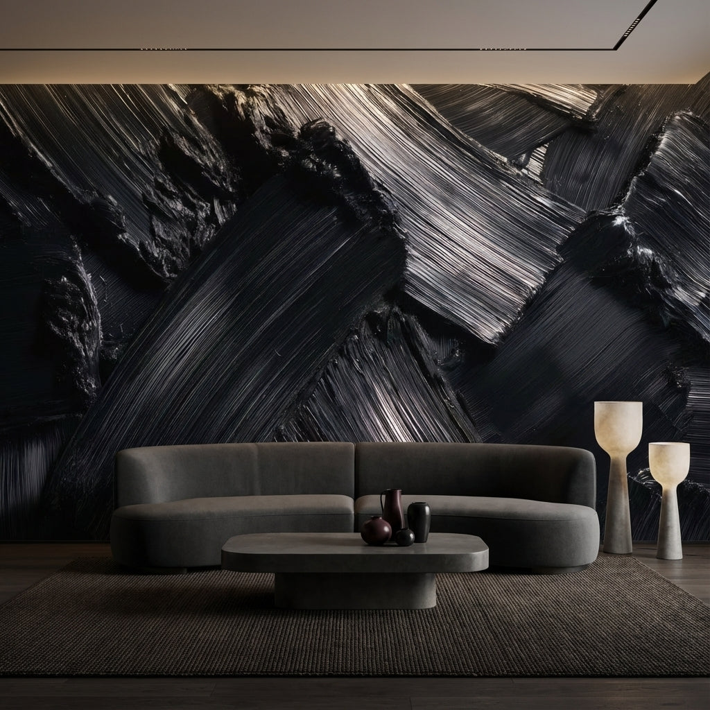 Siyah Soyut Fırça Darbeli Poster Duvar Kağıdı Modern Salon