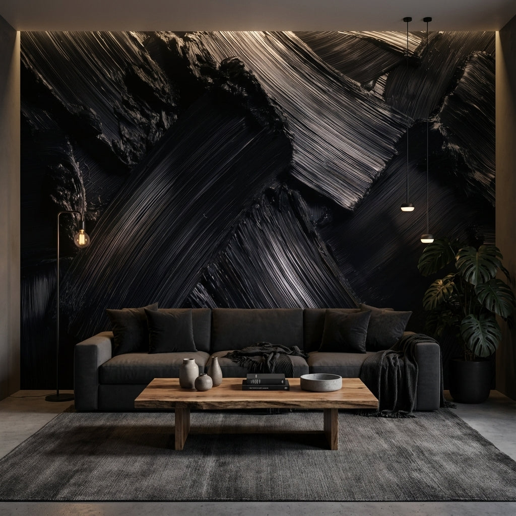 Siyah Soyut Fırça Darbeli Poster Duvar Kağıdı Modern Salon