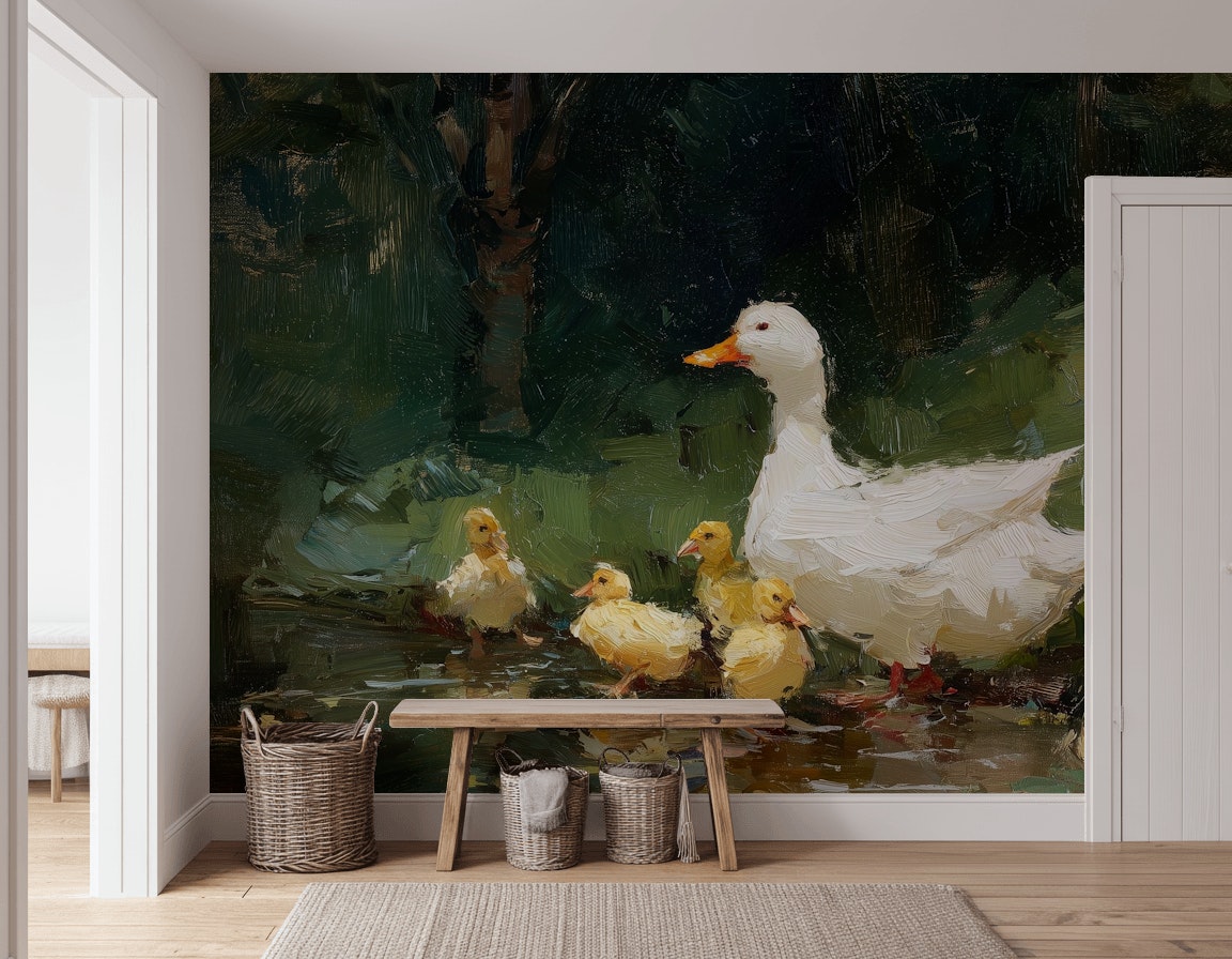 Anne Ördek ve Yavruları Poster Duvar Kağıdı Yeşil Doğa