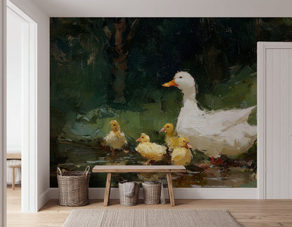 Anne Ördek ve Yavruları Poster Duvar Kağıdı Yeşil Doğa