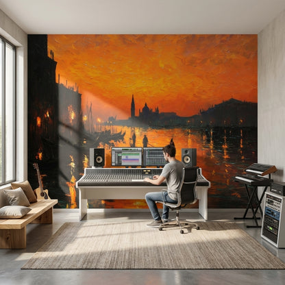 Gün Batımı Venedik Kanalı Poster Duvar Kağıdı Turuncu Salon