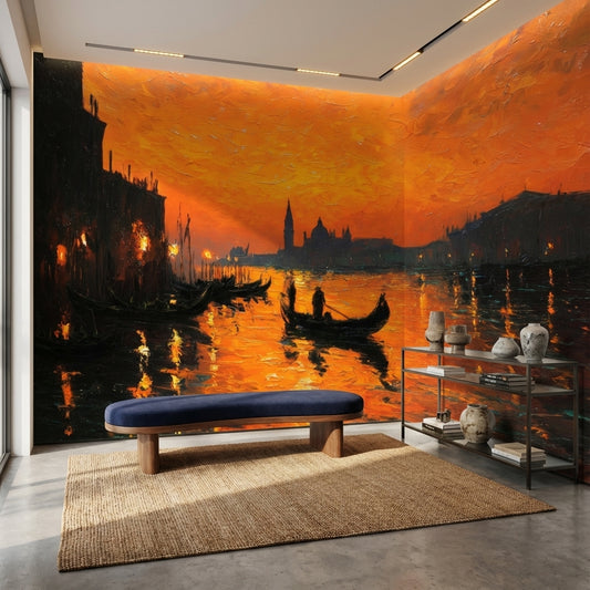 Gün Batımı Venedik Kanalı Poster Duvar Kağıdı Turuncu Salon