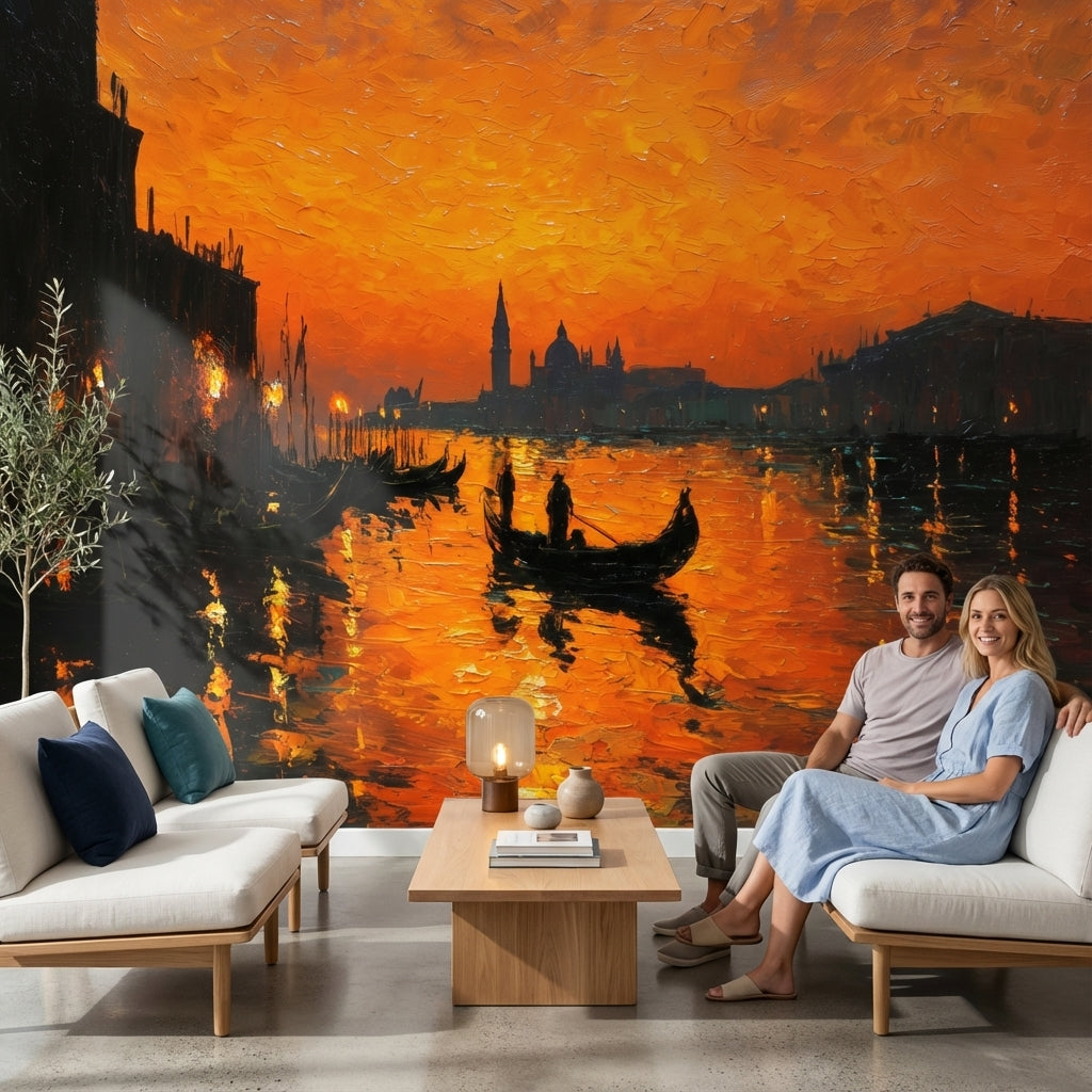 Gün Batımı Venedik Kanalı Poster Duvar Kağıdı Turuncu Salon