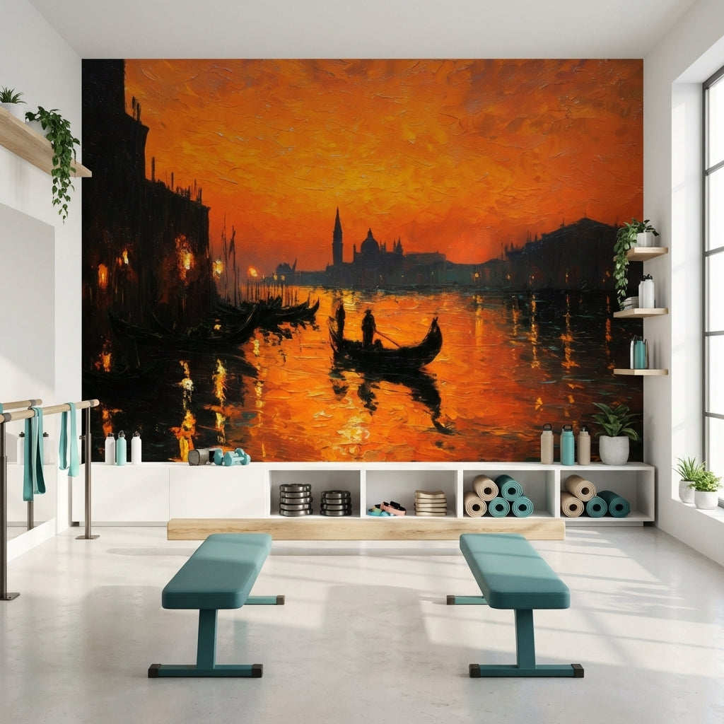 Gün Batımı Venedik Kanalı Poster Duvar Kağıdı Turuncu Salon
