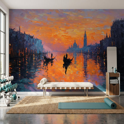 Gün Batımı Venedik Kanalı Poster Duvar Kağıdı Turuncu Mavi