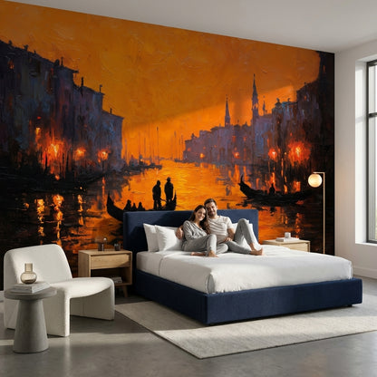Gün Batımı Şehir Manzarası Poster Duvar Kağıdı Turuncu Salon