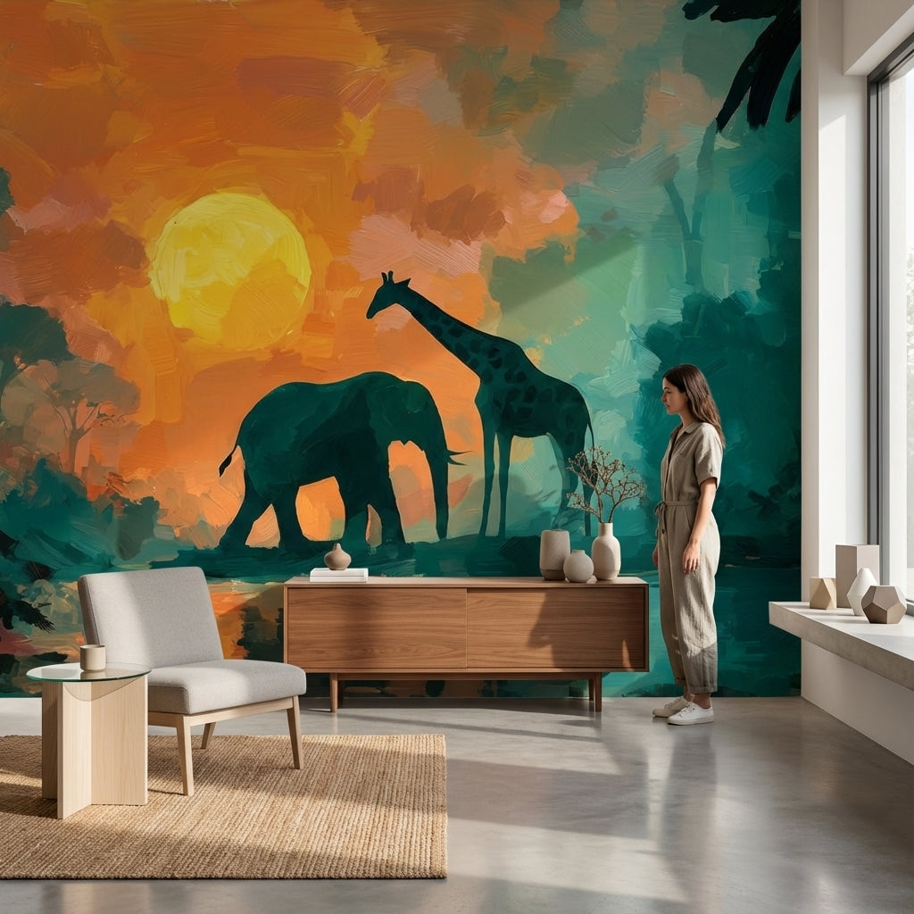 Safari Gün Batımı Poster Duvar Kağıdı Fil Zürafa Silüeti