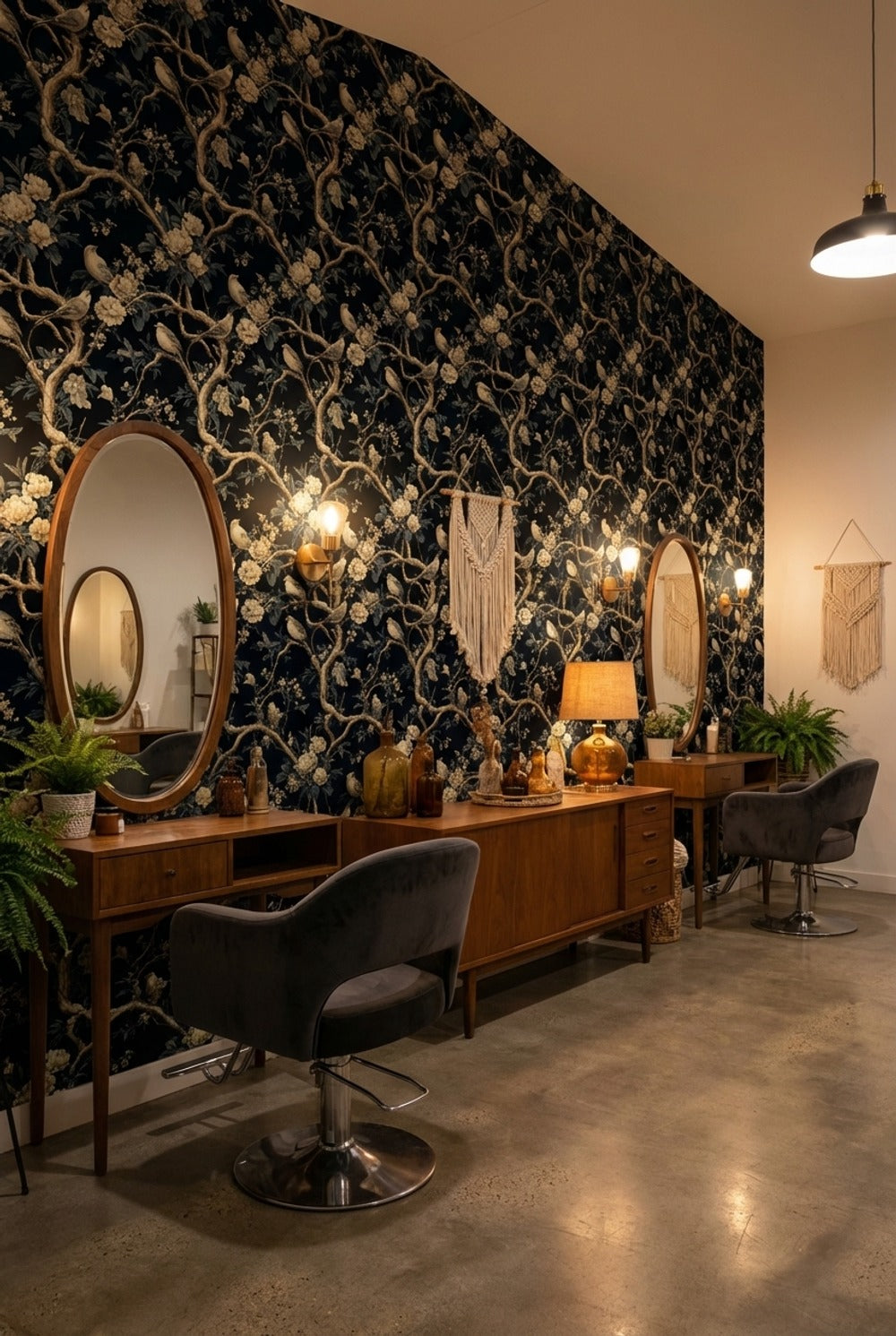 Kuşlu Çiçekli Dal Desenli Duvar Kağıdı Siyah Zemin Salon