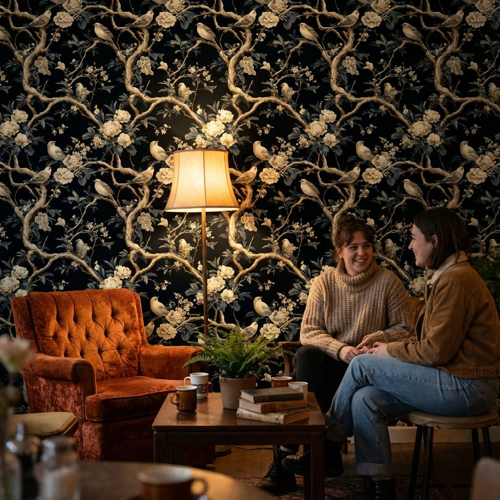 Kuşlu Çiçekli Dal Desenli Duvar Kağıdı Siyah Zemin Salon