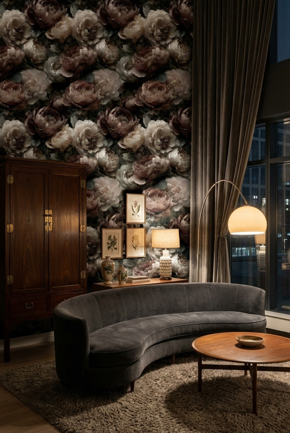 Büyük Çiçek Desenli Duvar Kağıdı Koyu Zemin Salon