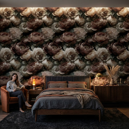 Büyük Çiçek Desenli Duvar Kağıdı Koyu Zemin Salon