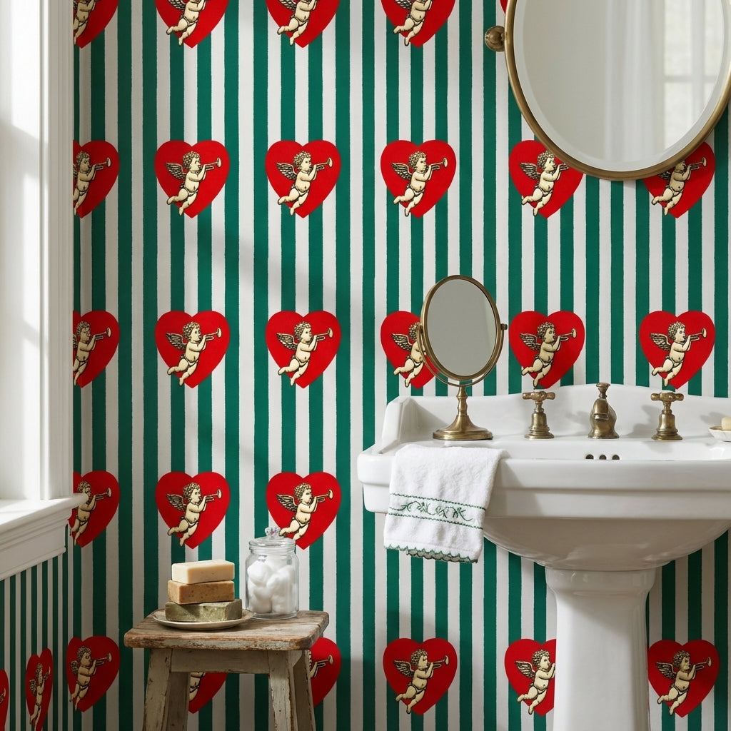 Kalpli Melekli Duvar Kağıdı Yeşil Beyaz Çizgili Banyo
