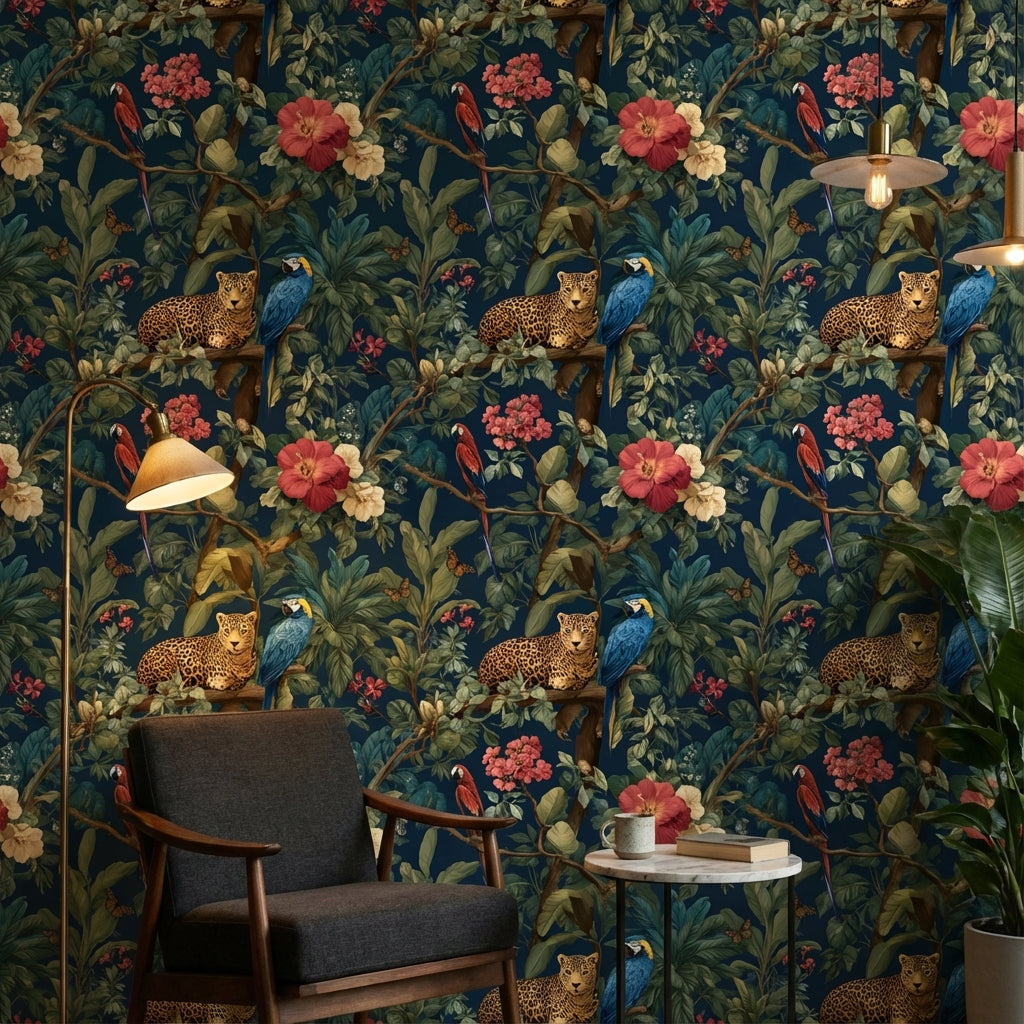 Leopar ve Papağanlı Tropikal Duvar Kağıdı Lacivert Salon
