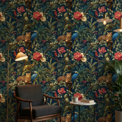 Leopar ve Papağanlı Tropikal Duvar Kağıdı Lacivert Salon
