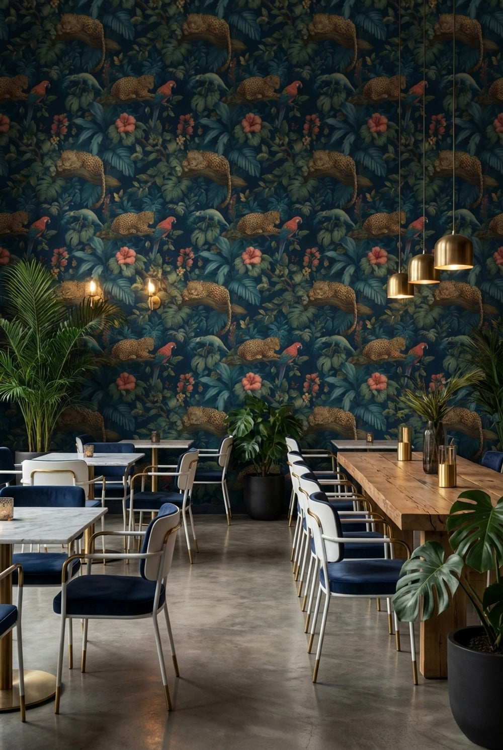 Tropikal Leoparlı Duvar Kağıdı Koyu Mavi Orman Desenli Salon