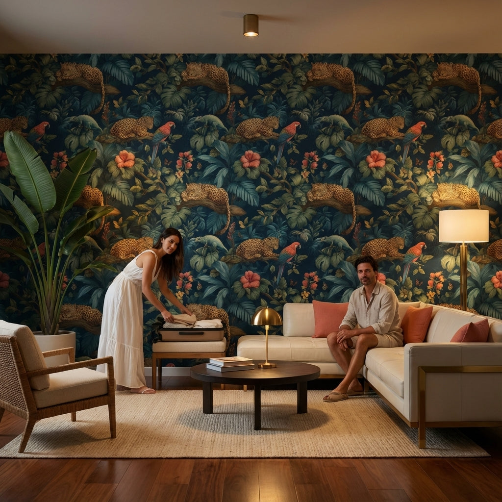 Tropikal Leoparlı Duvar Kağıdı Koyu Mavi Orman Desenli Salon