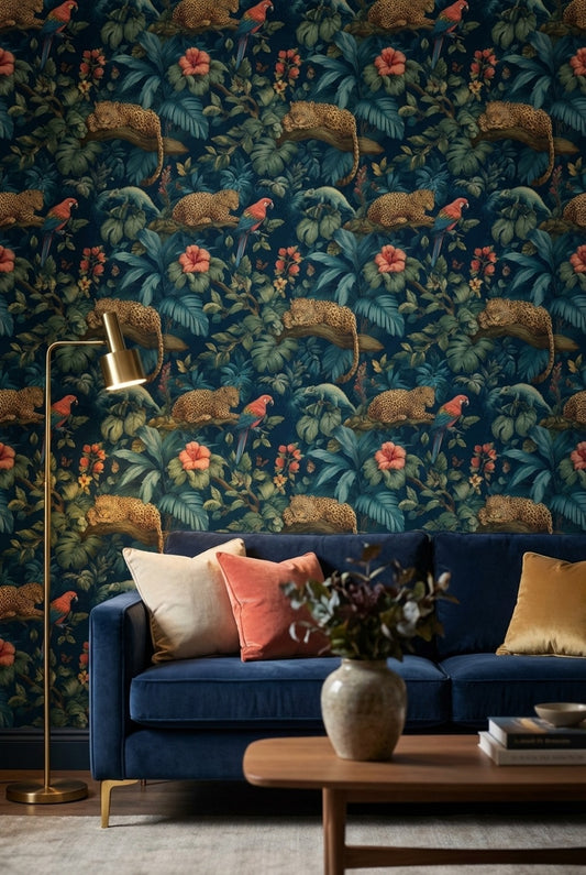 Tropikal Leoparlı Duvar Kağıdı Koyu Mavi Orman Desenli Salon