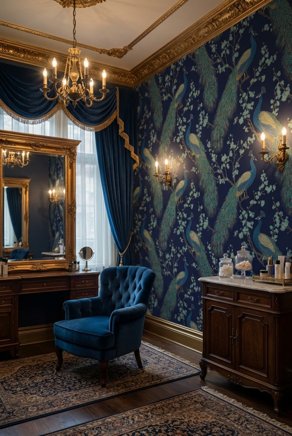Tavus Kuşu Duvar Kağıdı Lacivert Yeşil Salon Desenli