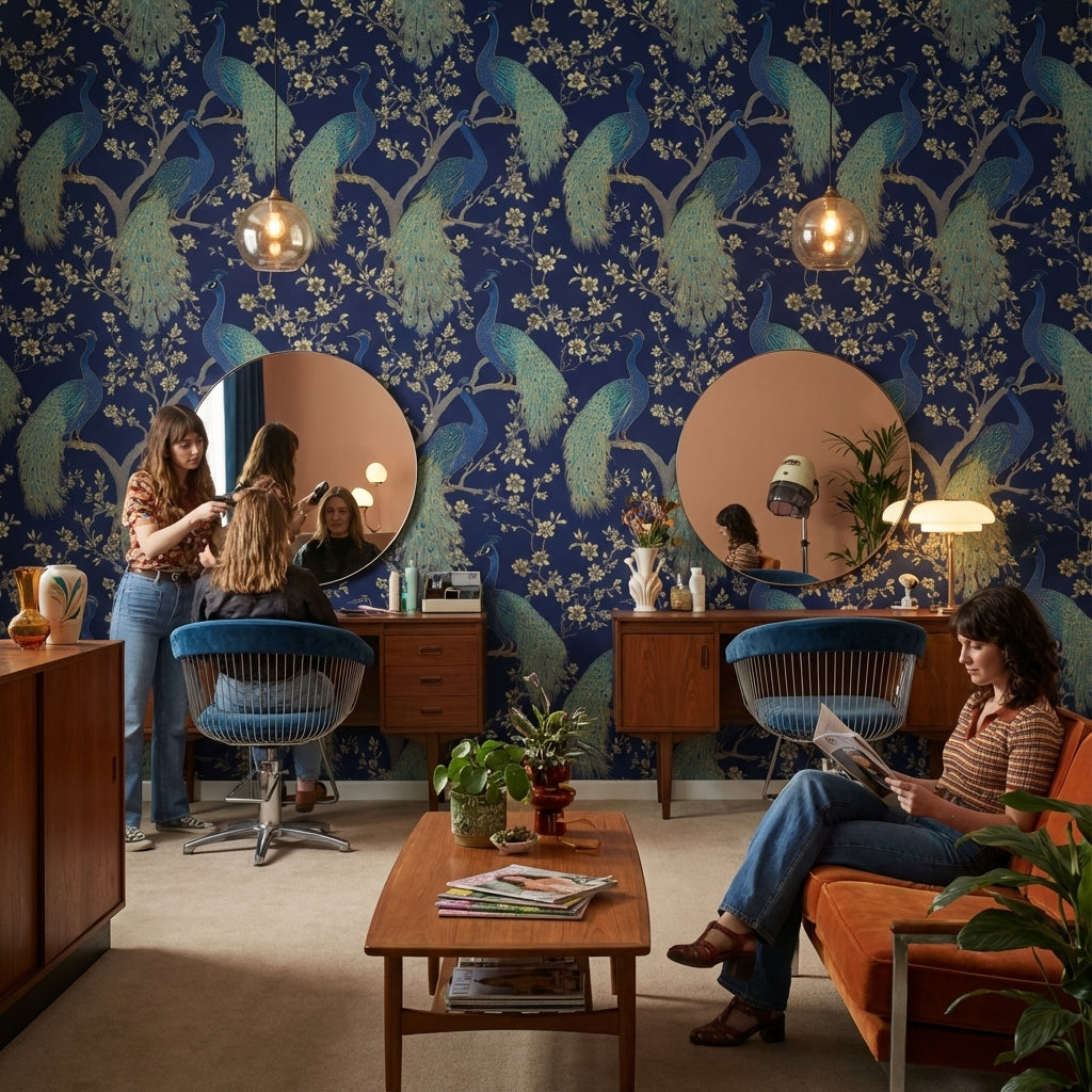 Tavus Kuşu Desenli Duvar Kağıdı Lacivert Altın Salon